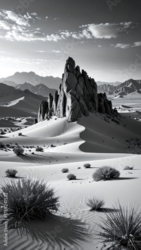 Fototapeta Naklejka Na Ścianę i Meble -  Monochrome desert landscape features rocky outcrop and sand dunes