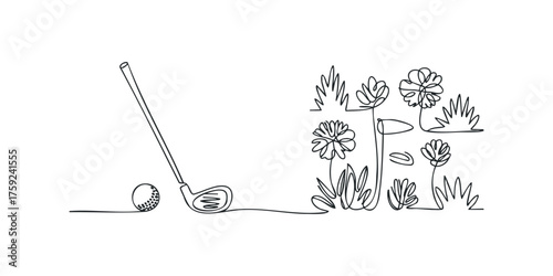 Golf club with ball near flowers