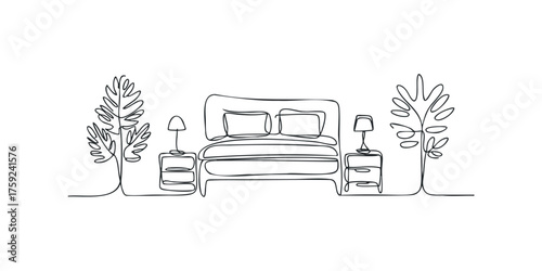 Continuous line drawing of a bedroom interior scene