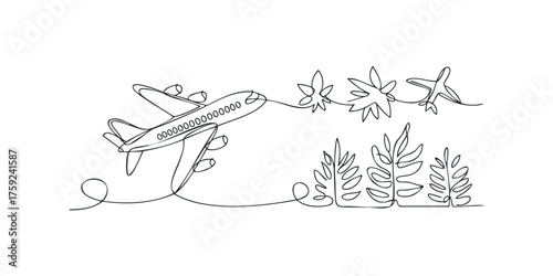 Continuous line drawing of an airplane flying over tropical leaves