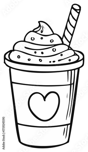 Black and white line art of a sweet drink in a to go cup with whipped cream and heart decoration