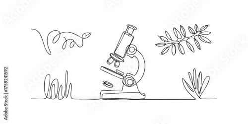 Single Line Drawing Microscope and Botanical Elements