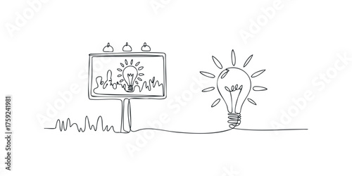 Continuous line drawing of a light bulb symbolizing inspiration next to a billboard displaying the same symbol