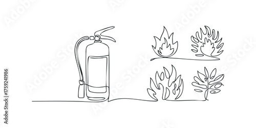 Fire extinguisher and stylized flames drawn with continuous line