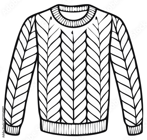 Hand-drawn Black and White Knitted Wool Sweater Illustration with Cable Knit Pattern for Winter Apparel