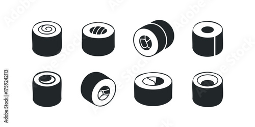 Eight graphic sushi rolls with varied internal fillings