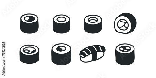 Collection of stylized sushi roll and nigiri icons