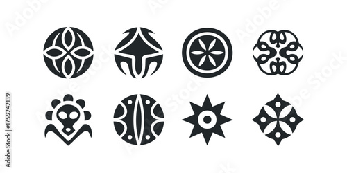 Set of eight unique abstract circular graphic symbols