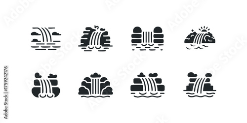 Set of waterfall icons with water flow and clouds