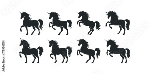Eight Black Unicorn Silhouettes in Various Poses