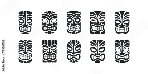 Collection of Ten Stylized Tiki Masks Black Silhouettes
