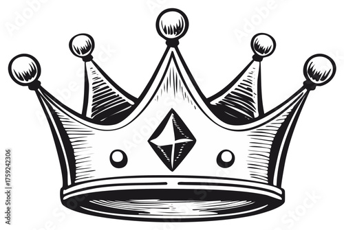Black and white sketch of a regal crown with diamond and ornate details symbolizing royalty and power