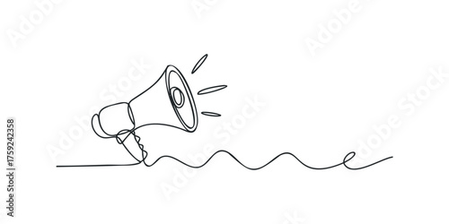 Continuous line drawing of a megaphone announcing loudly