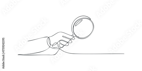 Single line drawing of a hand holding a magnifying glass