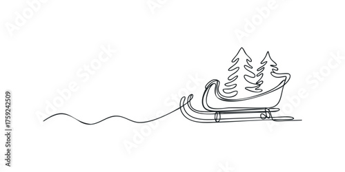 Continuous line drawing of a sleigh with trees