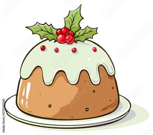 Festive Christmas Pudding Illustration: Classic Holiday Dessert with Holly, Berries, and Sweet Glaze Decoration on Plate