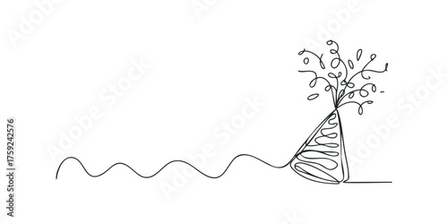 Party Hat with Streamers and Wavy Line in Single Line Drawing
