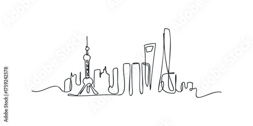 Continuous line drawing of a city skyline with iconic tower