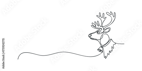 Single line drawing of a reindeer with antlers and a bell