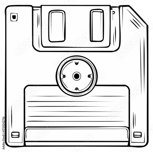 Illustrated floppy disk icon, vintage storage media concept, retro technology, black and white floppy disc