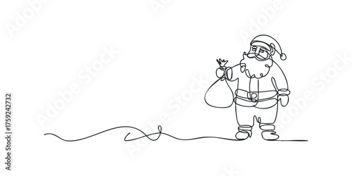 Continuous line drawing of Santa Claus holding a gift bag