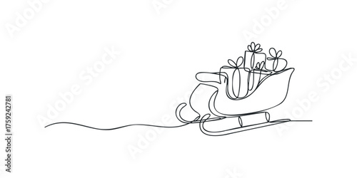 Line drawing of Santa's sleigh filled with gift boxes