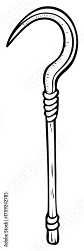 Simple cartoon drawing of a stylized medieval sickle on a stick with rope accents