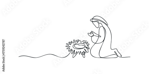 Continuous line drawing of a kneeling figure by a manger