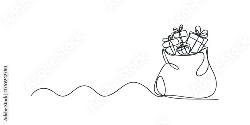 One line drawing of a sack filled with gift boxes and a trailing wavy line