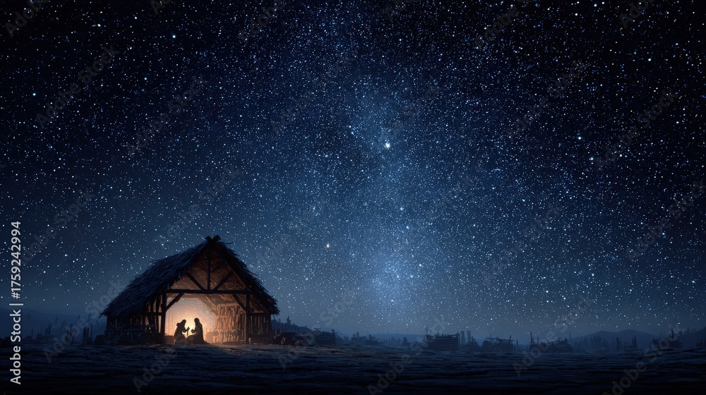 Naklejka premium A serene, starlit night sky illuminates a rustic barn, setting a peaceful scene with a couple silhouetted. The warm. ..Created with Generative AI, not depicting real subjects.