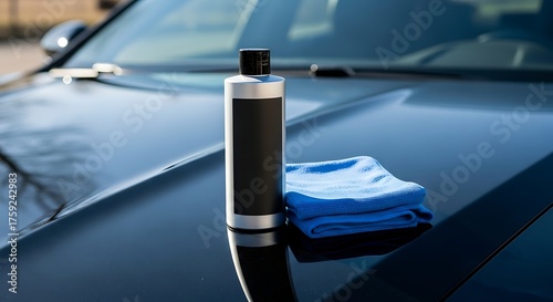 Car detailing product sits on the hood of a black vehicle with a microfiber cloth, ready for cleaning and polishing in the sunlight.