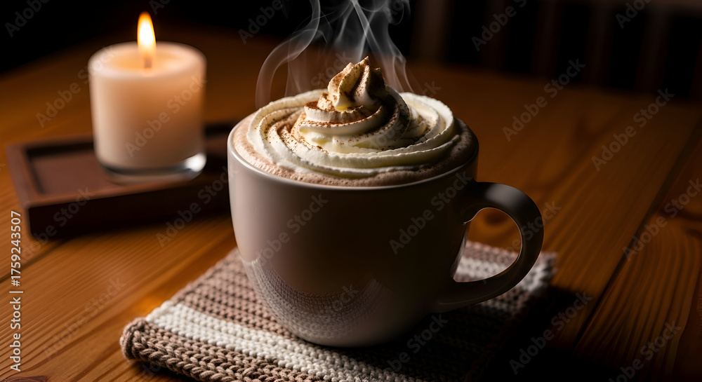 Fototapeta premium Cozy image of hot chocolate with whipped cream and candle on a wooden table