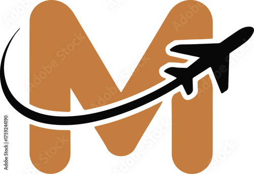 Letter m travel logo with airplane isolated on white background for travel agency
