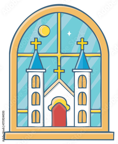 Stylized Church Seen Through Arched Window with Crescent Moon and Star Icon Design