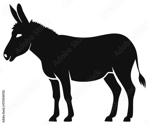 Simple silhouette illustration of donkey, black fill isolated, cartoon style animal side view on white background