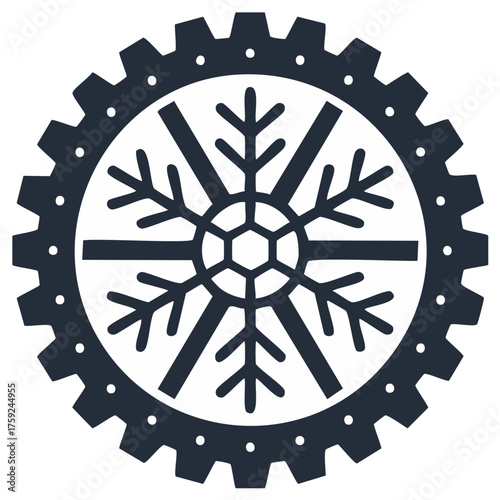 Cogwheel with snowflake icon representing winter technology, cooling systems, and industry