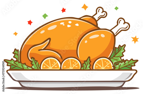 Festive Cartoon Roast Turkey on Platter with Orange Slices and Colorful Stars