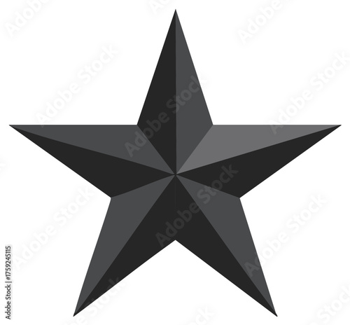 Black five-pointed star with 3D beveled effect. Geometric award and rating symbol vector illustration.
