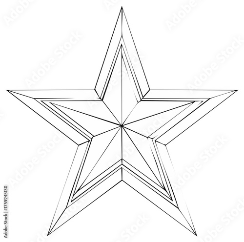 Geometric five pointed star line art illustration with a faceted and beveled design