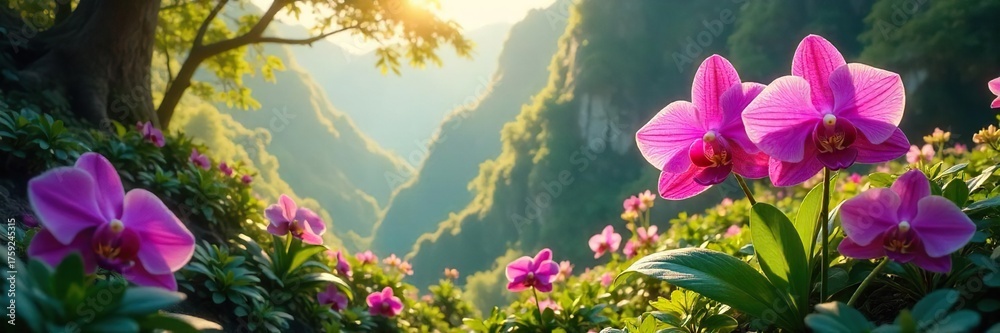 Fototapeta premium Vibrant Wild Orchids Blooming in Lush Sunlight A Breathtaking Untamed Landscape