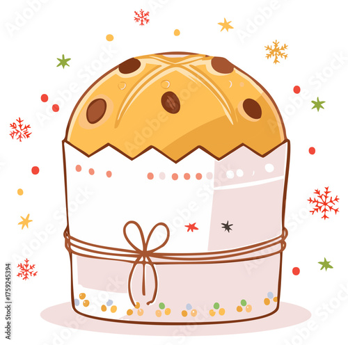 Festive Panettone Illustration Sweet Bread Loaf with Festive Decorations Snowflakes Holiday Baking