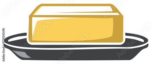 A stylized yellow butter block rests in a dark rectangular dish with white trim