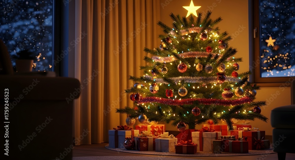 Fototapeta premium A beautifully decorated Christmas tree with presents underneath, illuminated by warm lights in a cozy room.
