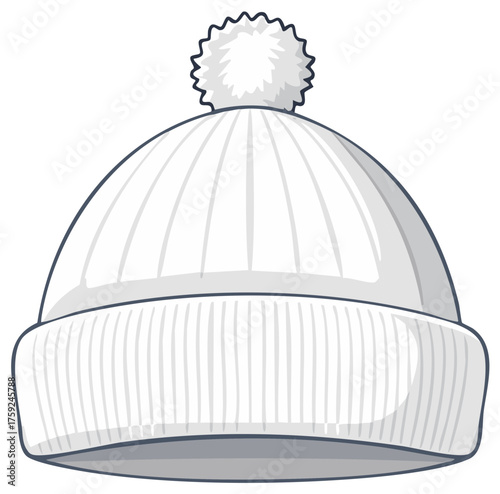 Cartoon illustration of a white knitted beanie hat featuring a fluffy pompom design for winter fashion