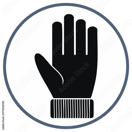Black hand silhouette inside a circle, stop gesture, palm, illustration, icon.