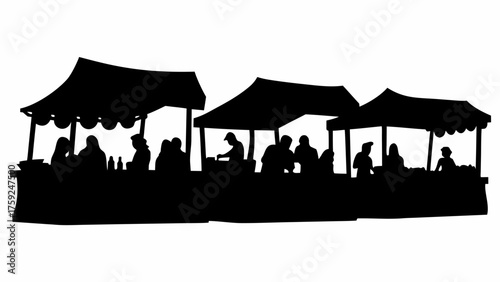 Vibrant silhouette of a lively outdoor market scene with vendors and shoppers under tents, perfect for summer events