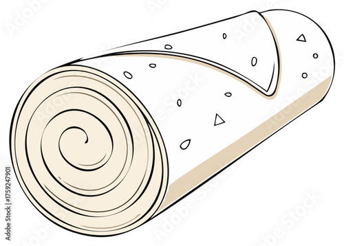 Rolled tortilla wrap, cartoon style illustration, beige and black, isolated