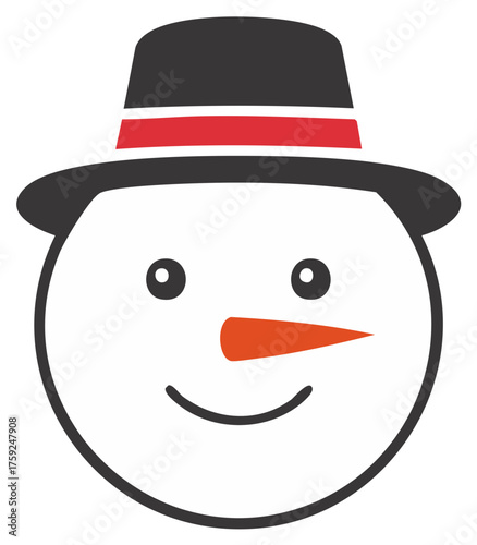 Charming Snowman Face Icon with Top Hat Carrot Nose and Happy Smile Winter Holiday Festive Illustration