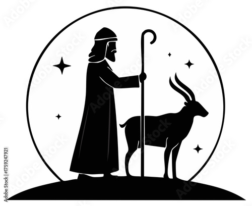 Silhouetted Shepherd and Antelope in Round Frame with Stars on Hill for Folklore Story Telling