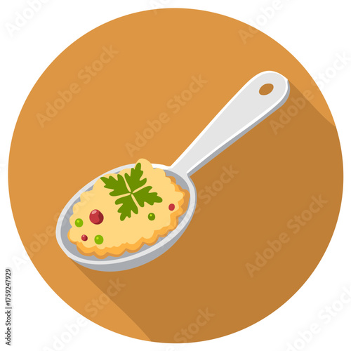 A spoonful of porridge with fresh parsley and berries flat design vector icon